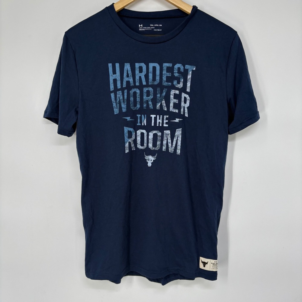Under Armour Project Rock Boys YXL Navy Hardest Worker In The Room T-Shirt NEW